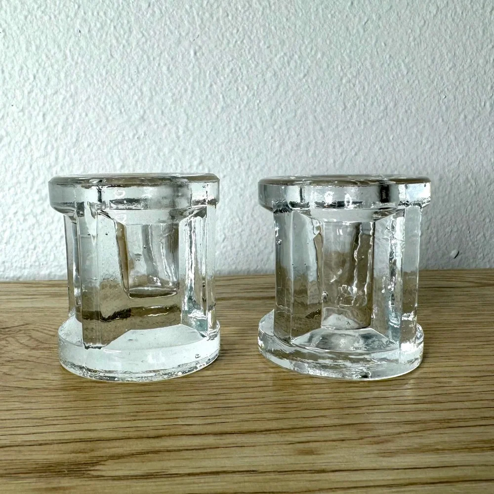 Clear Art Glass Taper Candle Holders Set of 2 Mid Century Modern Circular 1 Chip